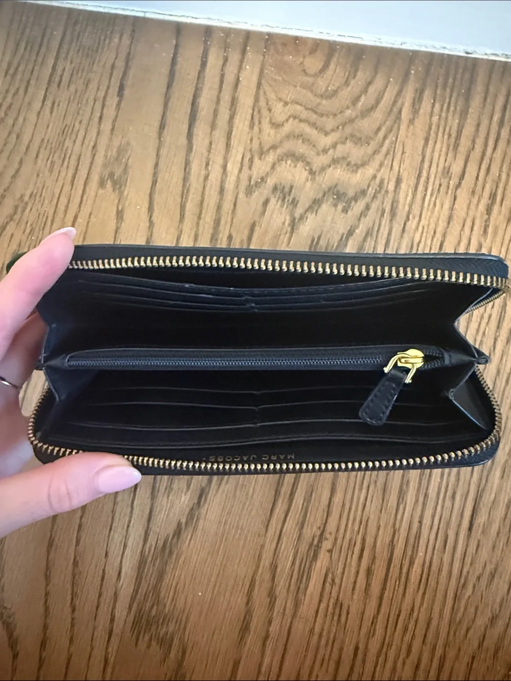Marc Jacobs Black Zip-Around Saffiano Leather Wallet with Gold Logo